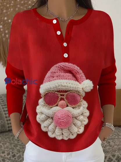 Haut à bouton imprimé Père Noël pour femmes Rouge / S