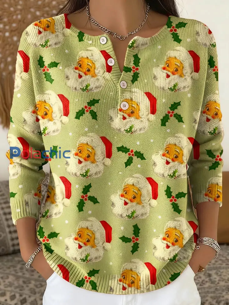 Haut à bouton imprimé Père Noël pour femmes Vert Clair / S