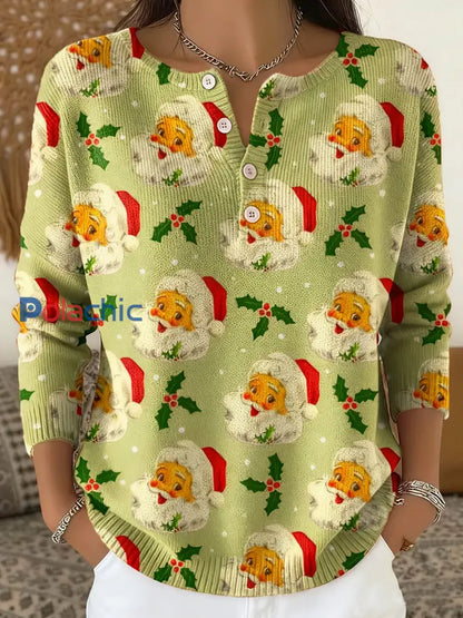 Haut à bouton imprimé Père Noël pour femmes Vert Clair / S