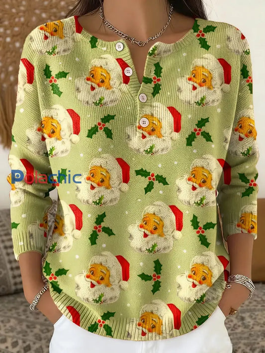 Haut à bouton imprimé Père Noël pour femmes Vert Clair / S