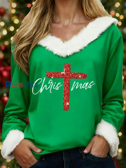 Haut à col en fourrure pour femmes joyeux Noël imprimé croisé Vert / S
