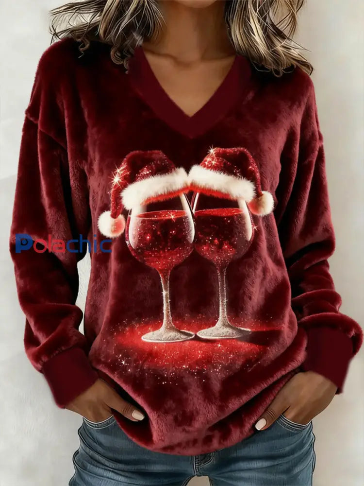 Haut à col en V en flanelle de verre à vin rouge de Noël pour femmes Rouge / S