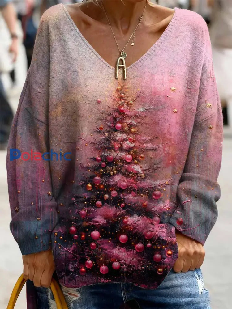 Haut à col en V imprimé arbre de Noël pour femmes comme image / S