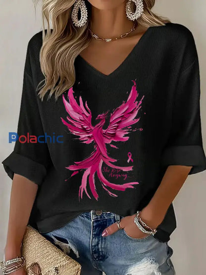 Haut à col en V Phoenix rose Women’s Breast Cancer Awareness Noir / S