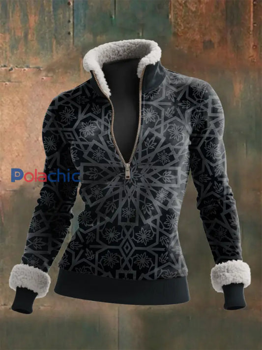 Haut à col zippé en laine d’agneau imprimé Viking pour femmes Gris foncé / S