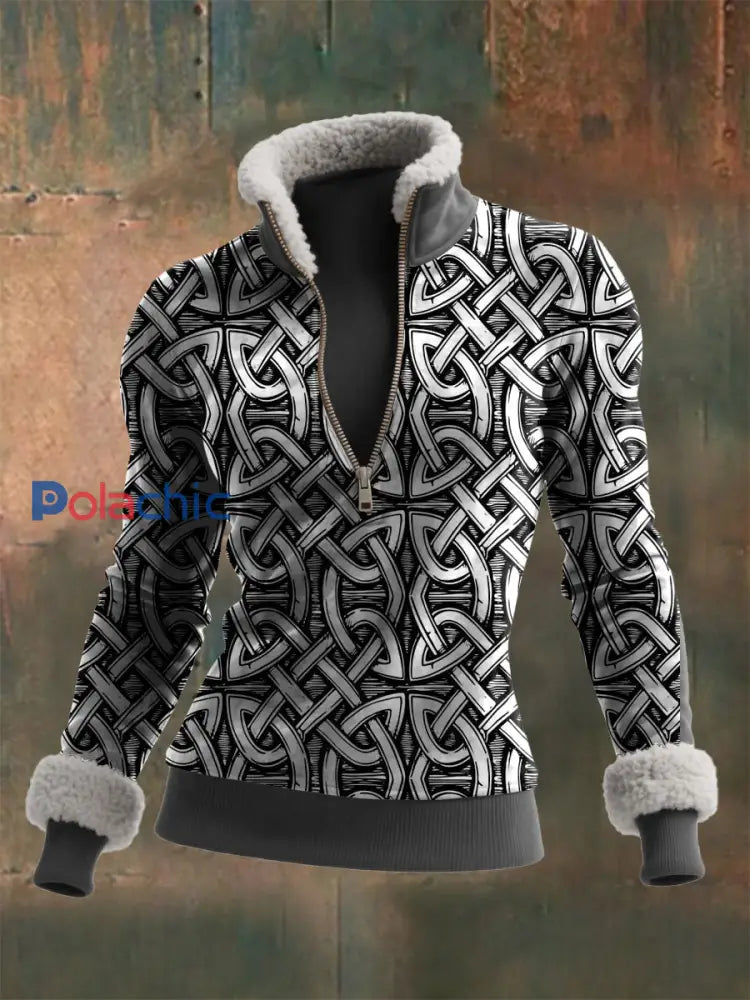 Haut à col zippé en laine d’agneau imprimé Viking pour femmes Gris / S