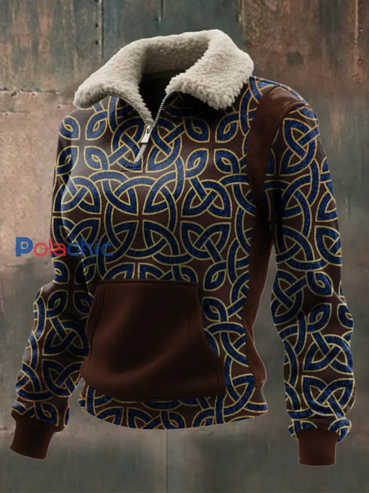 Haut à col zippé en laine d’agneau imprimé Viking pour femmes Marron / S