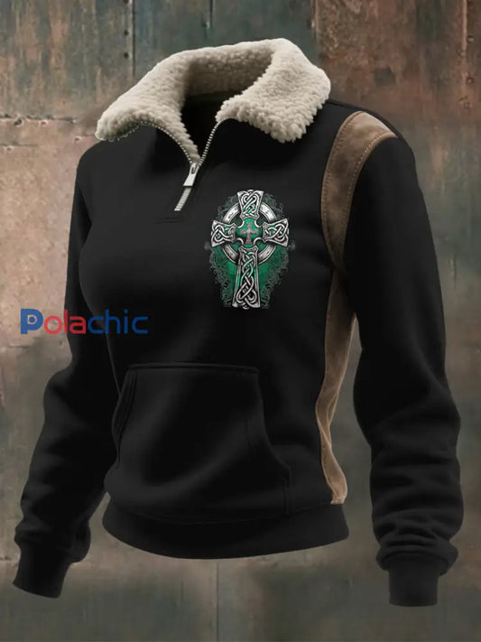 Haut à col zippé en laine d’agneau imprimé Viking pour femmes Noir / S