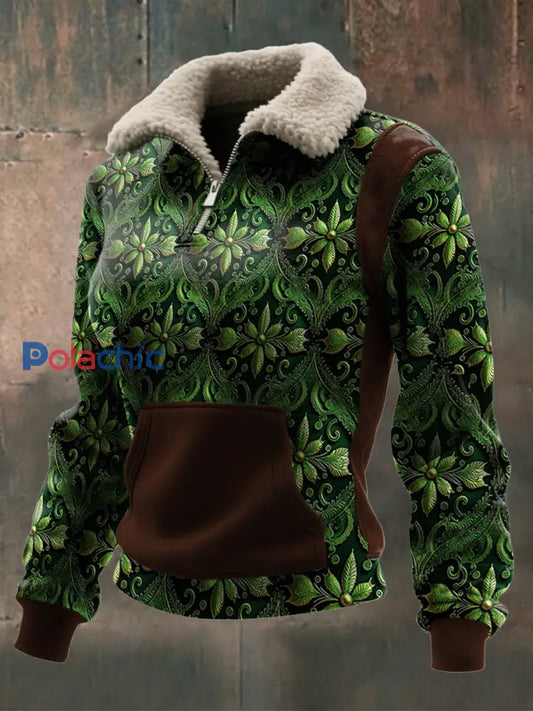 Haut à col zippé en laine d’agneau imprimé Viking pour femmes Vert Foncé / S