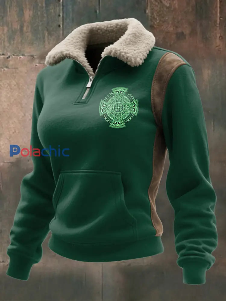 Haut à col zippé en laine d’agneau imprimé Viking pour femmes Vert Foncé / S