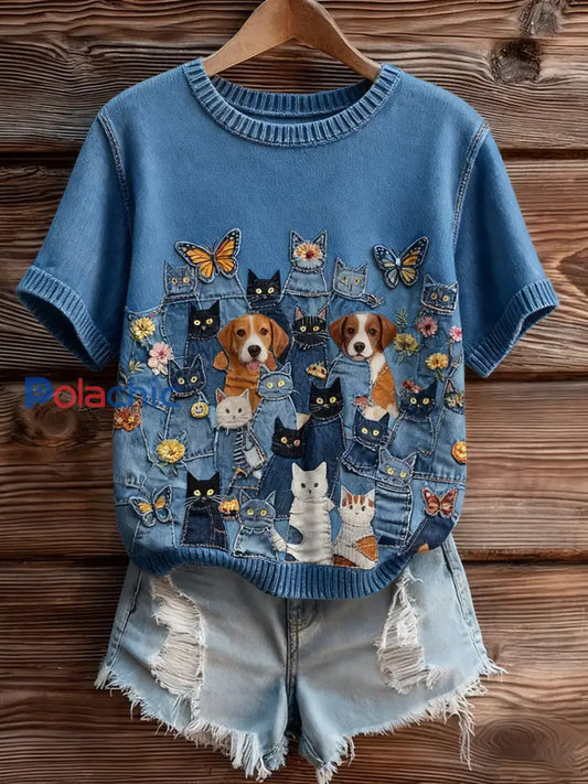 Haut à manches courtes en tricot confortable imprimé animal artistique pour femme A / S