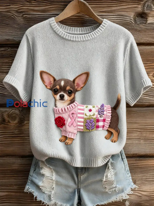 Haut à manches courtes en tricot confortable imprimé animal artistique pour femme A / S