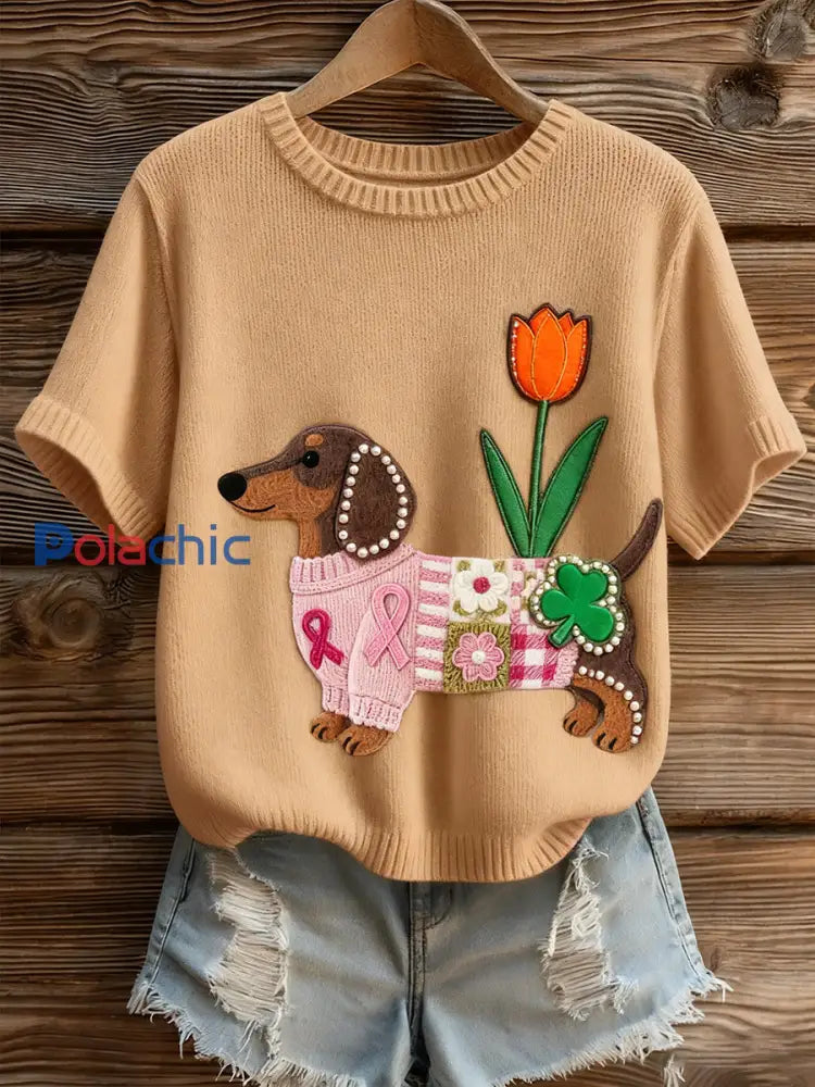 Haut à manches courtes en tricot confortable imprimé animal artistique pour femme A / S