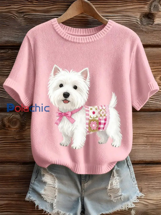 Haut à manches courtes en tricot confortable imprimé animal artistique pour femme A / S