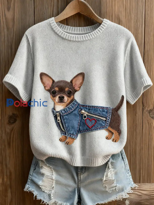 Haut à manches courtes en tricot confortable imprimé animal artistique pour femme A / S