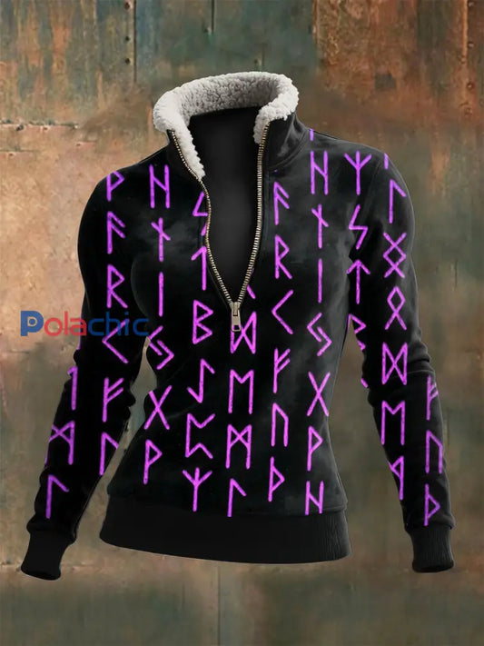 Haut à manches longues en laine d’agneau imprimé viking runes pour femmes Noir / S