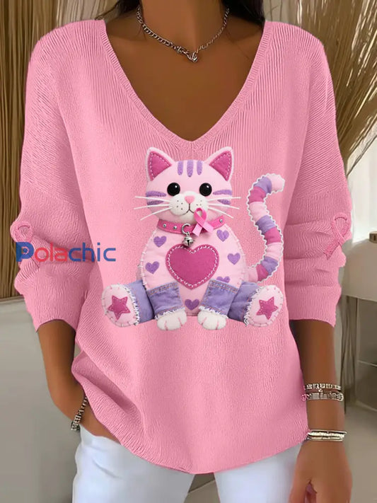 Haut à manches longues Femme Chat Rose Ruban de Soutien de Sensibilisation au Cancer du Sein Rose / S