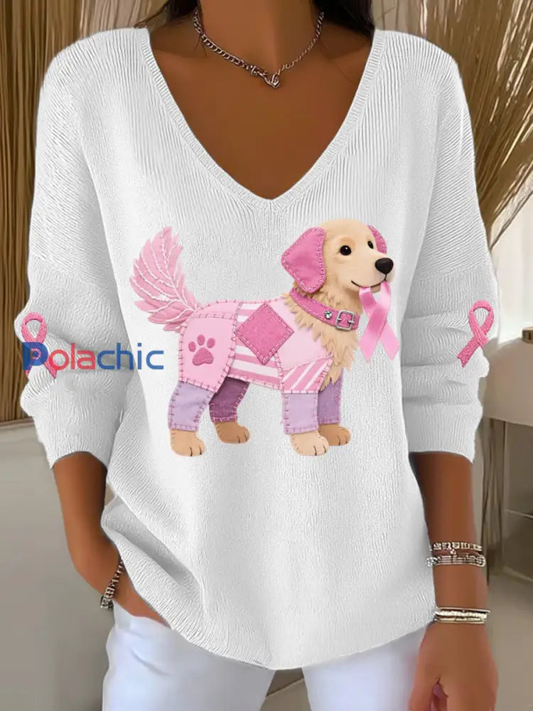 Haut à manches longues Femme Rose Chien Rose Ruban de Soutien de Sensibilisation au Cancer du Sein Blanc / S