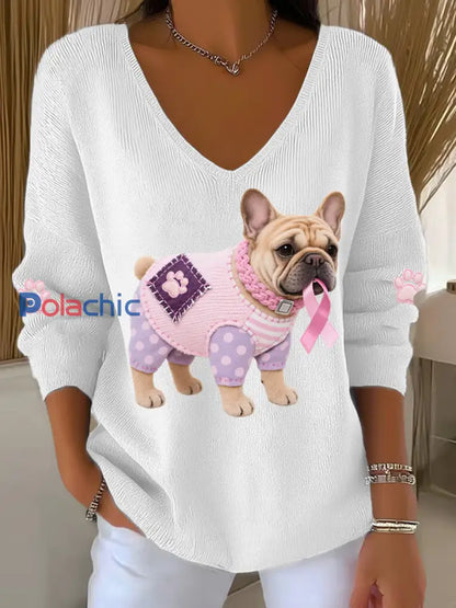 Haut à manches longues Femme Rose Chien Rose Ruban de Soutien de Sensibilisation au Cancer du Sein Blanc / S