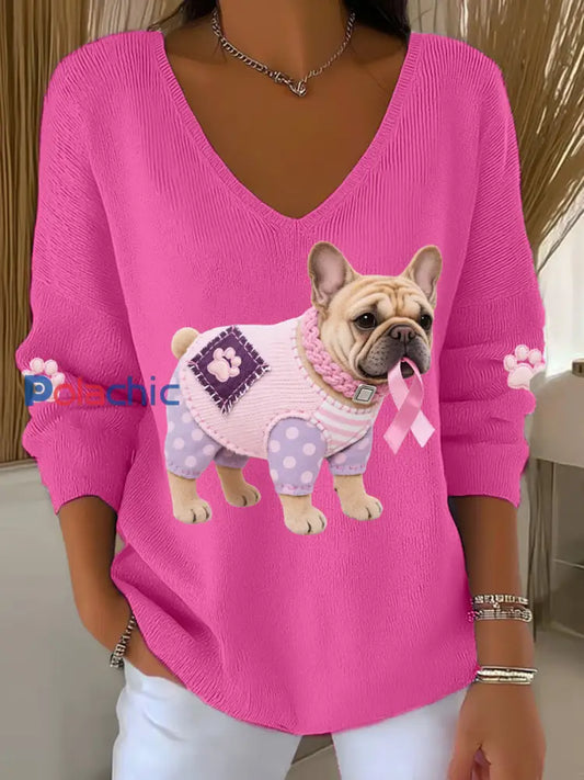 Haut à manches longues Femme Rose Chien Rose Ruban de Soutien de Sensibilisation au Cancer du Sein Rose Rouge / S
