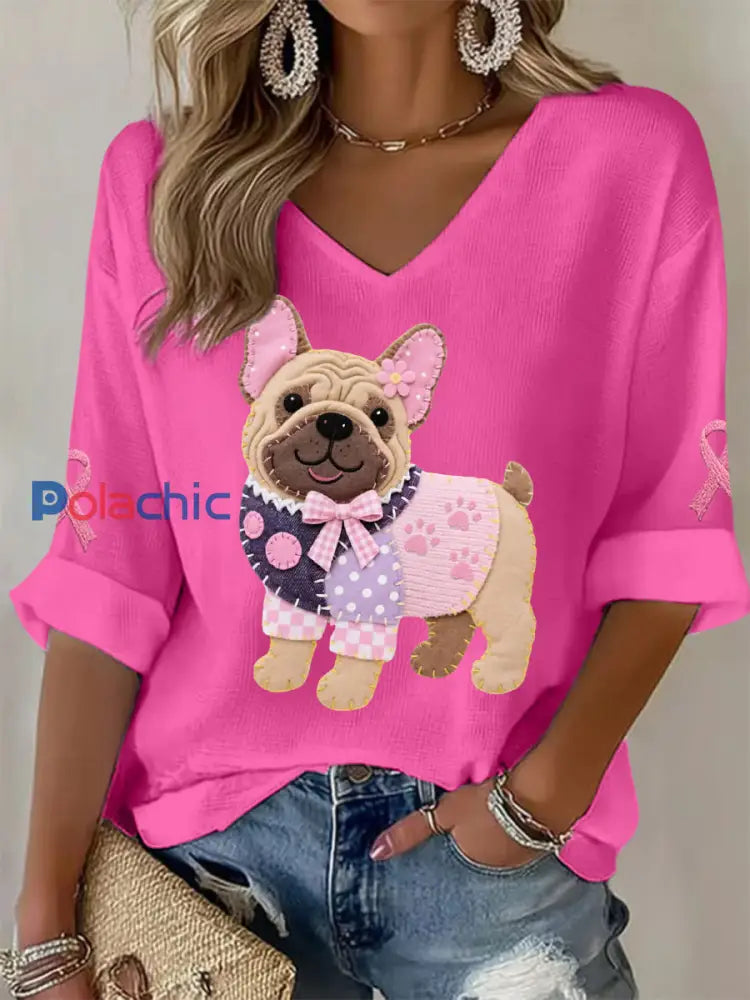Haut à manches longues Femme Rose Chien Rose Ruban de Soutien de Sensibilisation au Cancer du Sein Rose Rouge / S