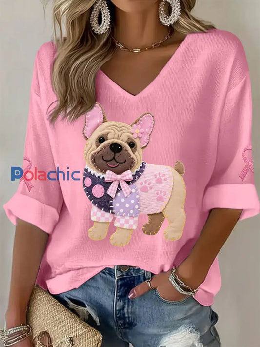Haut à manches longues Femme Rose Chien Rose Ruban de Soutien de Sensibilisation au Cancer du Sein Rose / S
