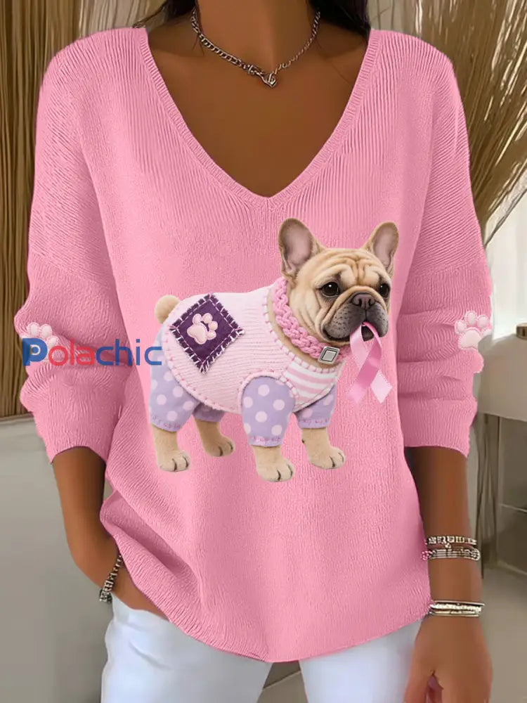 Haut à manches longues Femme Rose Chien Rose Ruban de Soutien de Sensibilisation au Cancer du Sein Rose / S