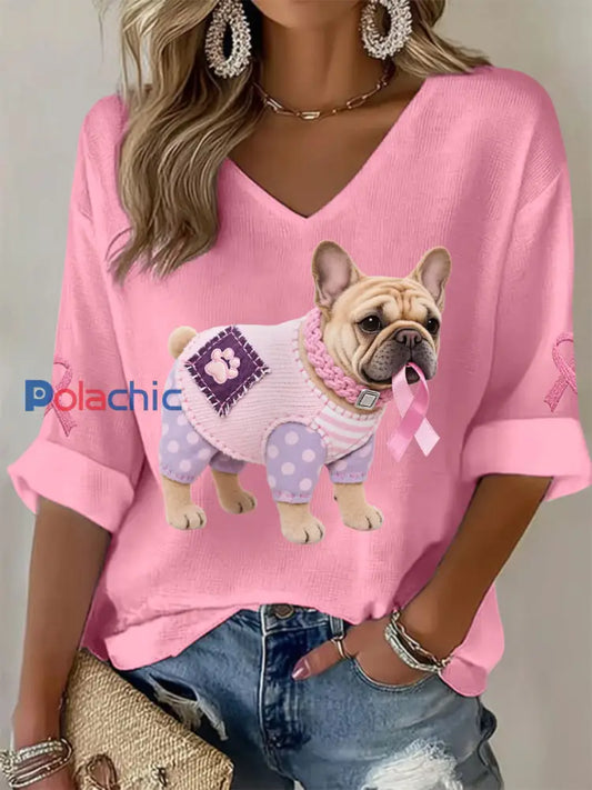 Haut à manches longues Femme Rose Chien Rose Ruban de Soutien de Sensibilisation au Cancer du Sein Rose / S