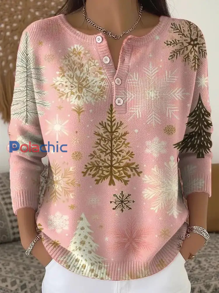 Haut boutonné en tricot à imprimé de Noël pour femmes Rose / S