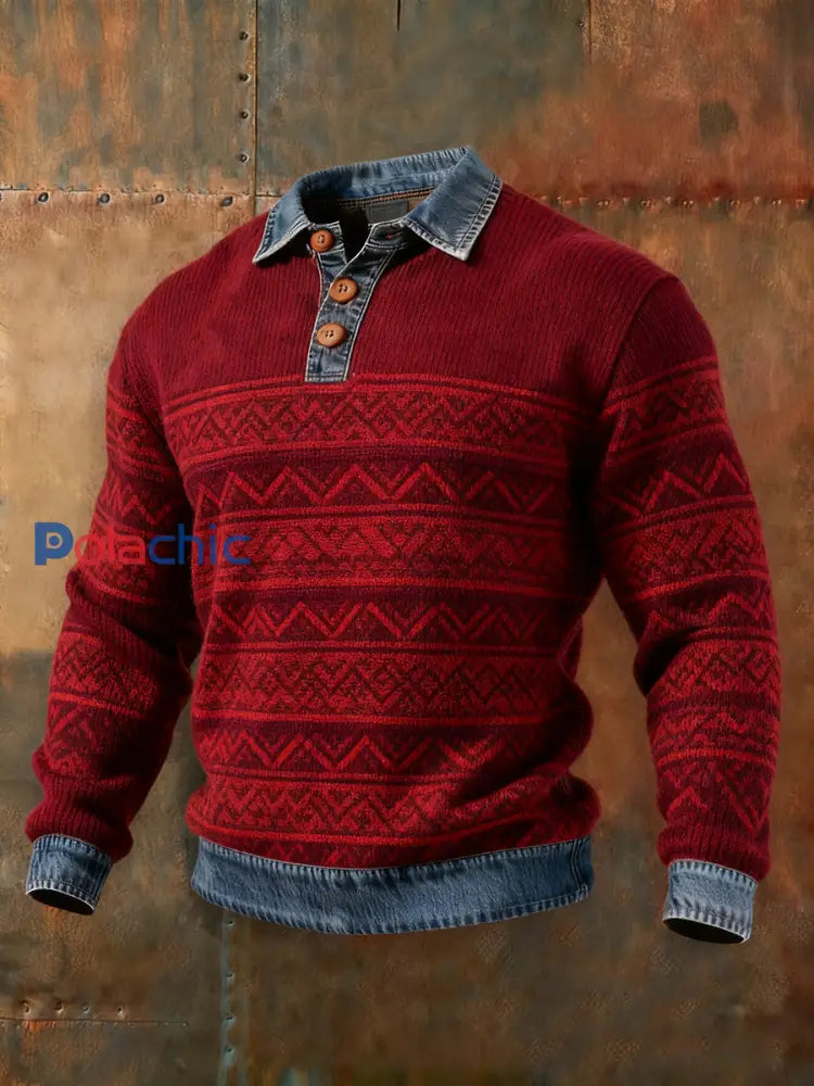 Haut col en denim automne et hiver pour hommes Vin Rouge / S