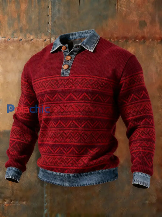 Haut col en denim automne et hiver pour hommes Vin Rouge / S