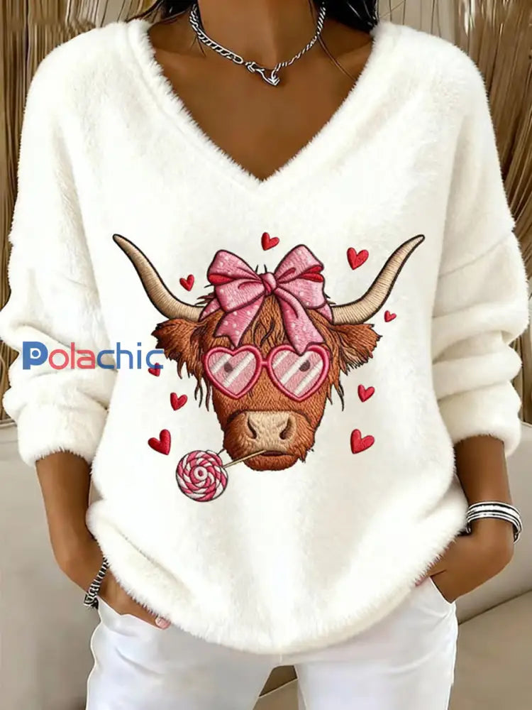 Haut col en V en flanelle Highland Sweetheart Cow Femme Blanc-Crémeux / S