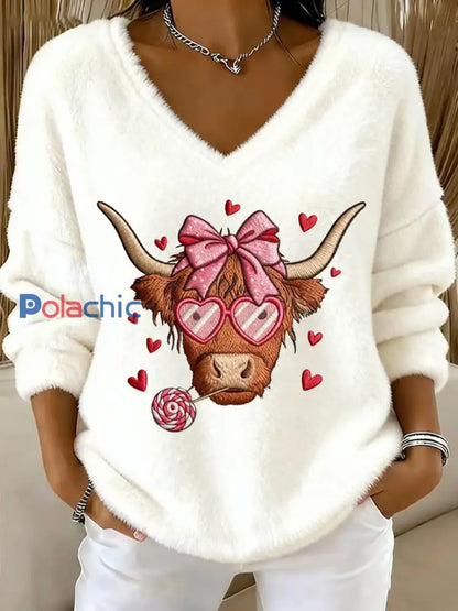 Haut col en V en flanelle Highland Sweetheart Cow Femme Blanc-Crémeux / S