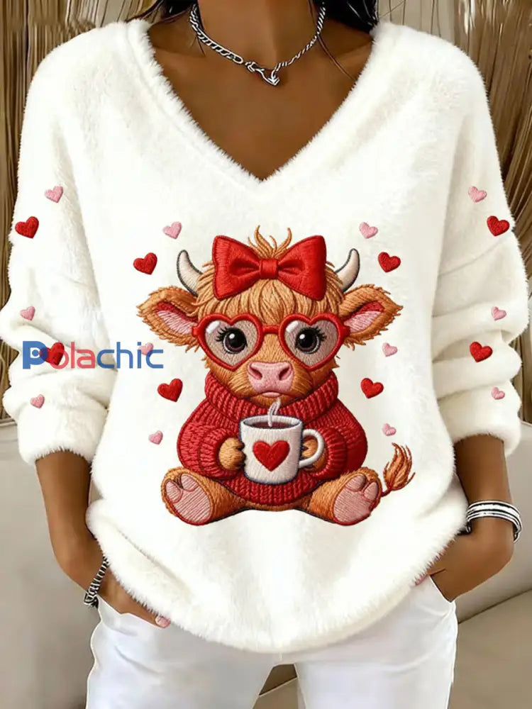 Haut col en V en flanelle Highland Sweetheart Cow Femme Blanc-Crémeux / S