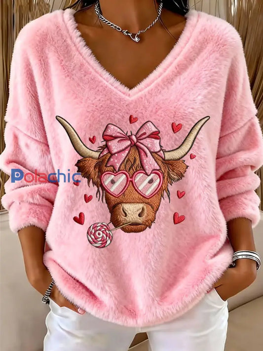 Haut col en V en flanelle Highland Sweetheart Cow Femme Rose / S