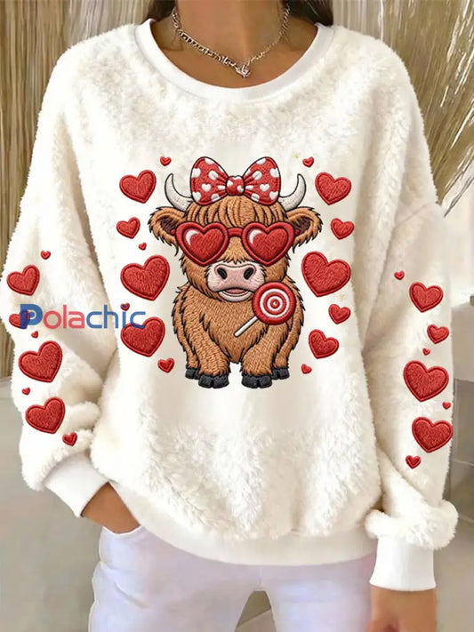 Haut col en V Sweetheart Highland Cow Flannel Femme Blanc-Crémeux / S