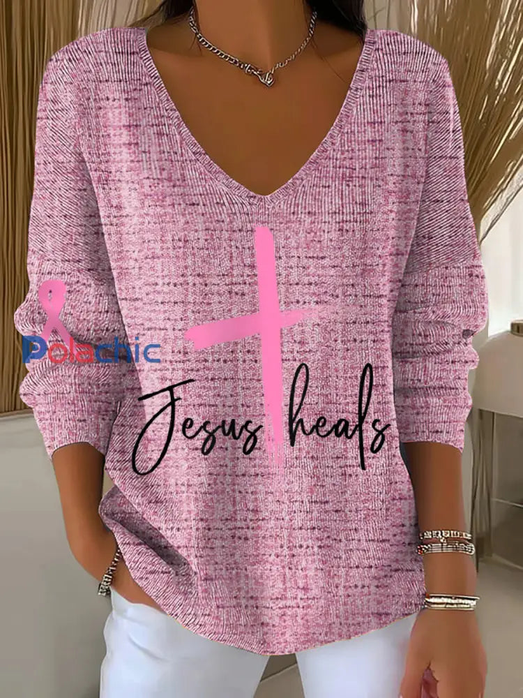 Haut côtelé à col en V pour femmes sensibilisation au cancer du sein comme image / S