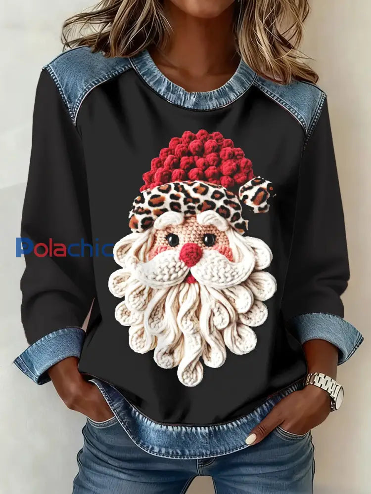 Haut de patchwork en denim Père Noël pour femmes Noir / S