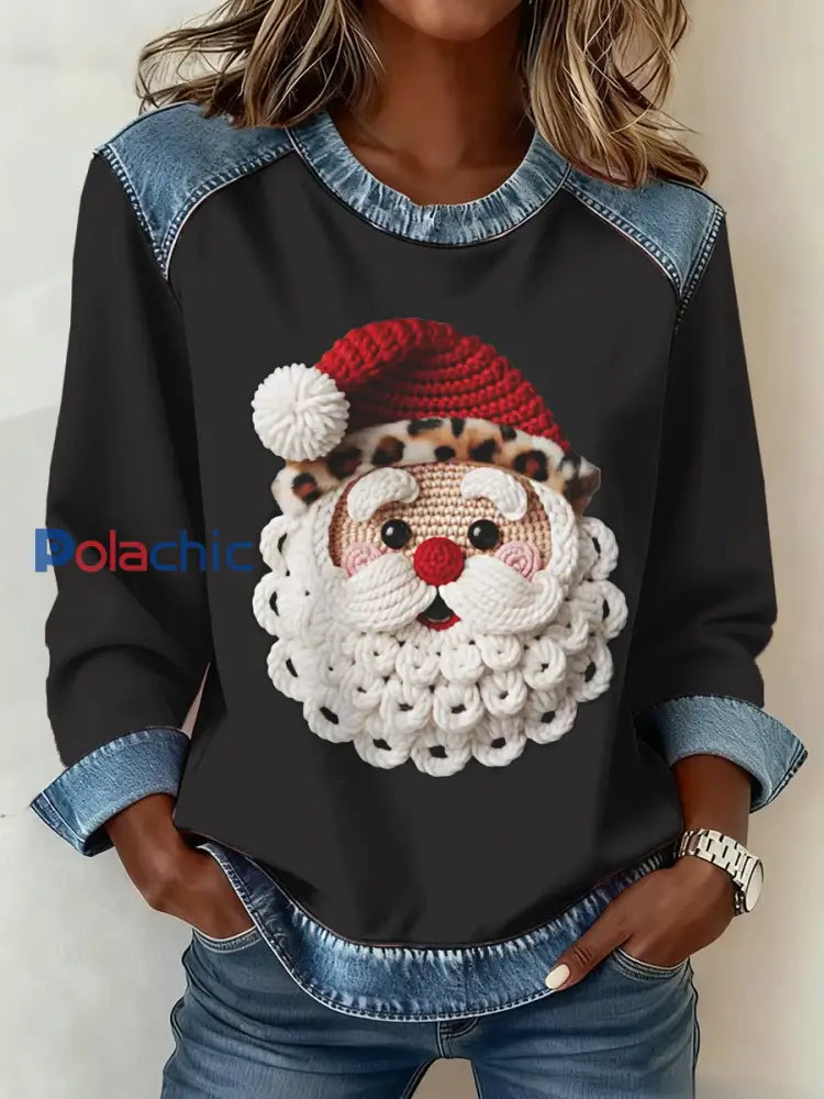 Haut de patchwork en denim Père Noël pour femmes Noir / S
