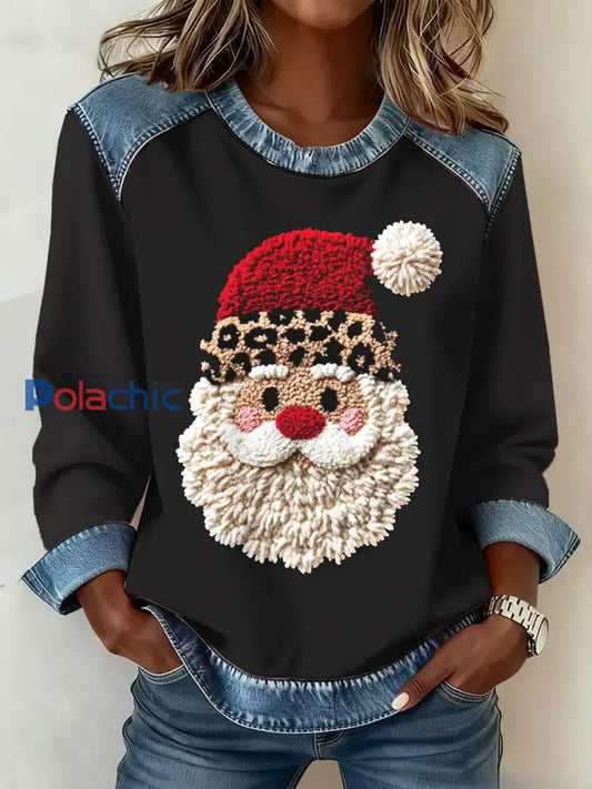 Haut de patchwork en denim Père Noël pour femmes Noir / S