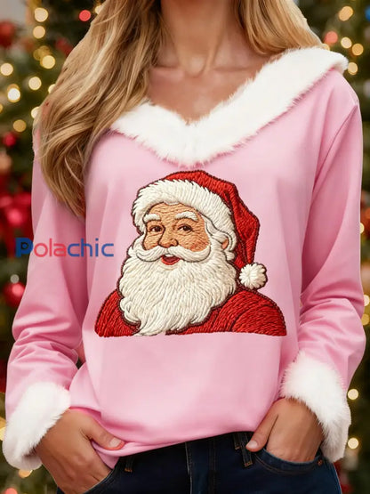 Haut décontracté à col en fourrure et imprimé Père Noël pour femmes Rose / S