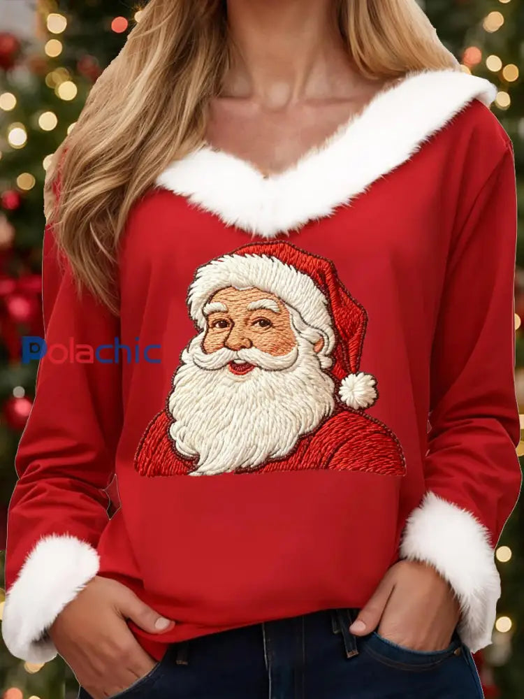 Haut décontracté à col en fourrure et imprimé Père Noël pour femmes Rouge / S