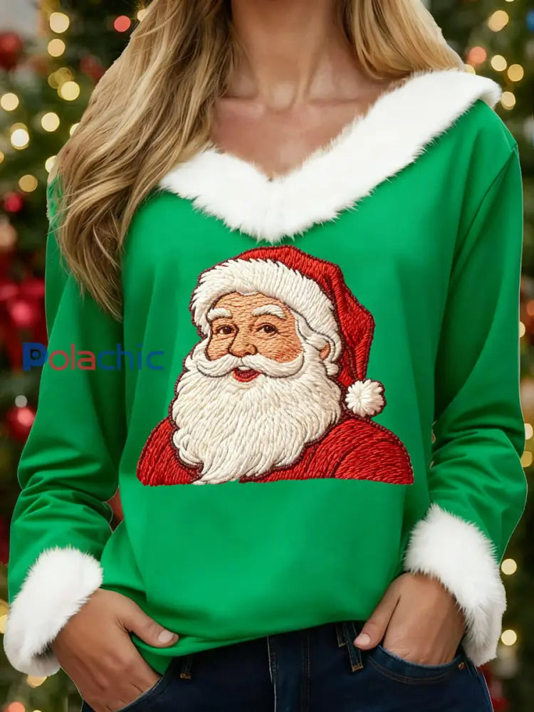 Haut décontracté à col en fourrure et imprimé Père Noël pour femmes Vert / S