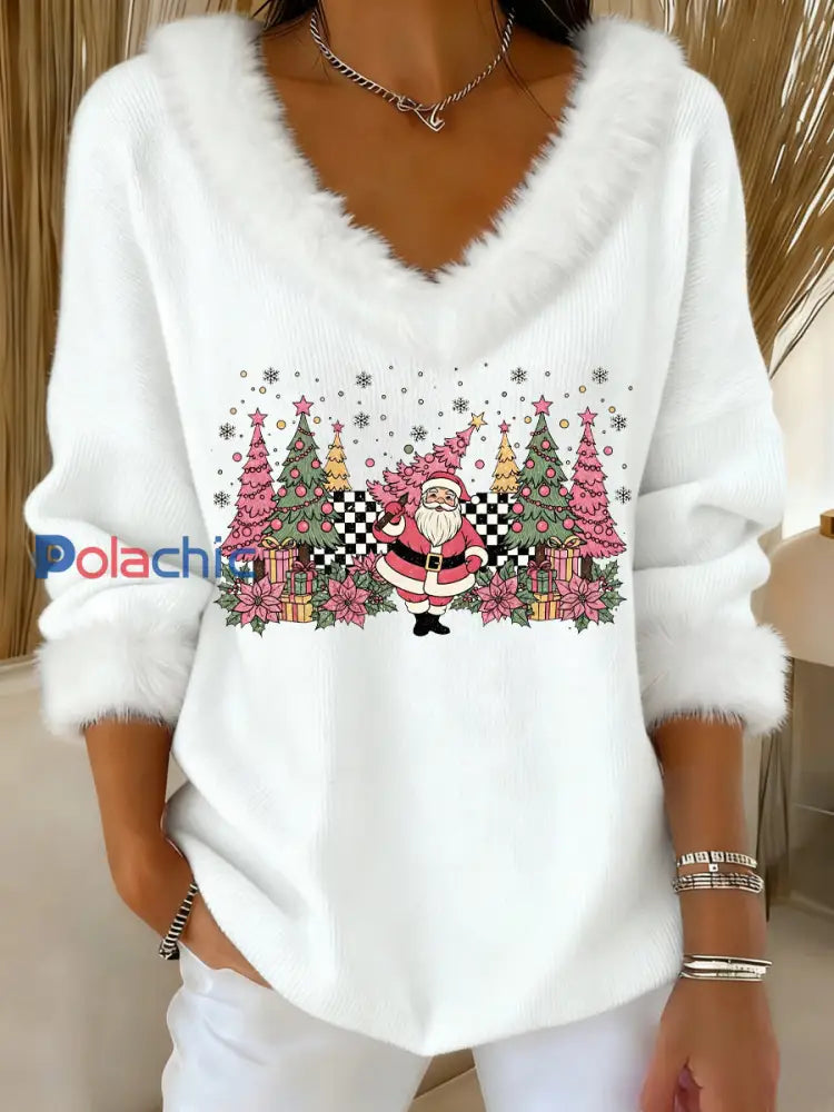 Haut décontracté à col en fourrure imprimé arbre de Noël pour femmes Blanc / S