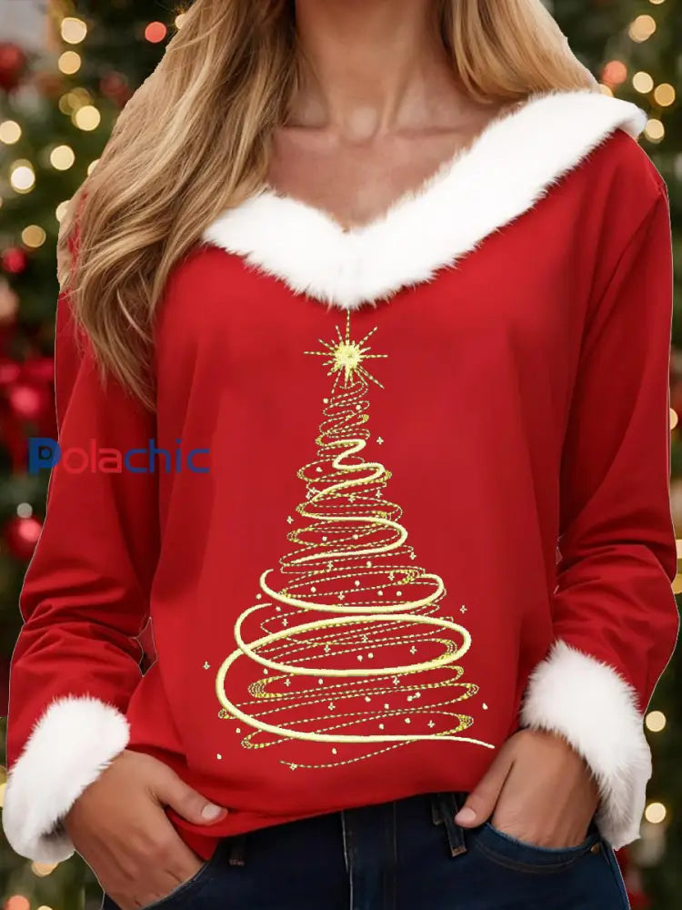 Haut décontracté à col en fourrure imprimé arbre de Noël pour femmes Rouge / S