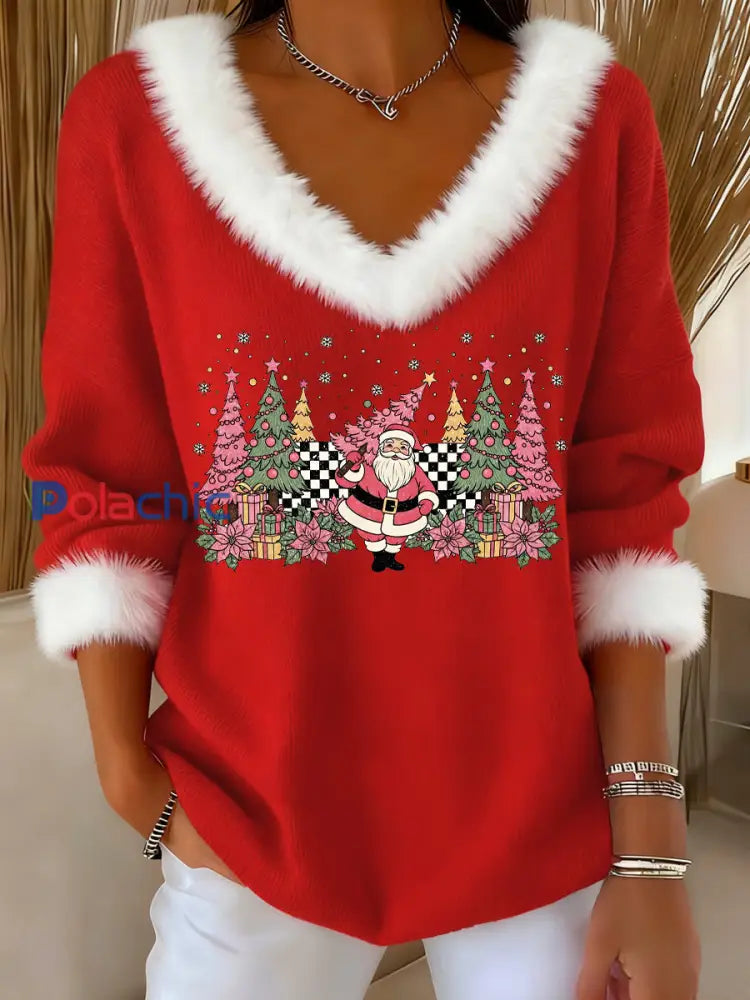 Haut décontracté à col en fourrure imprimé arbre de Noël pour femmes Rouge / S