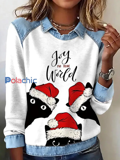 Haut décontracté à imprimé chat mignon drôle de Noël pour femmes blanc / S