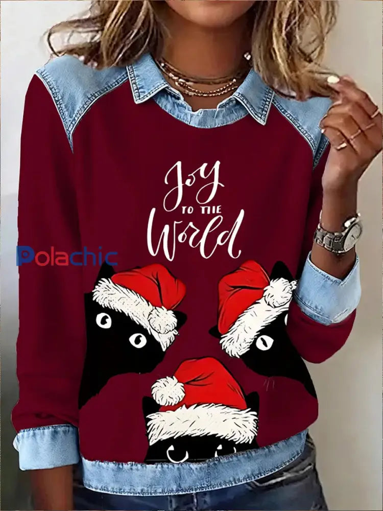 Haut décontracté à imprimé chat mignon drôle de Noël pour femmes vin rouge / S