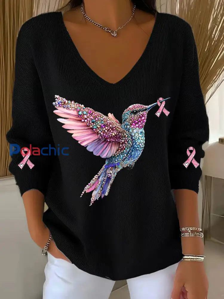 Haut décontracté à imprimé colibri pour femmes sensibilisation au cancer du sein Noir / S