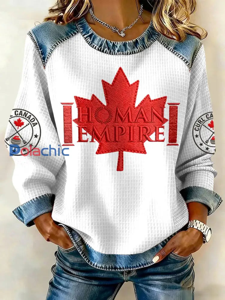 Haut décontracté à imprimé curling canadien pour femmes Blanc / S